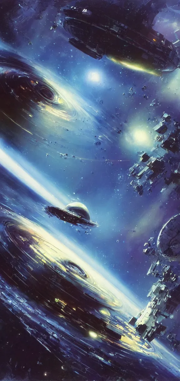 Prompt: a spaceship dreadnought lazily entering a black hole, deep space exploration, concept art, by john berkey