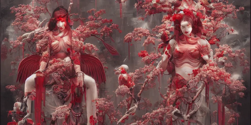 Prompt: breathtaking detailed red gardian mao dictature cyberpunk death heall concept art painting art deco pattern of birds goddesses amalmation flowers, by hsiao ron cheng, tetsuya ichida, bizarre compositions, exquisite detail, extremely moody lighting, 8 k, art nouveau, old chines painting