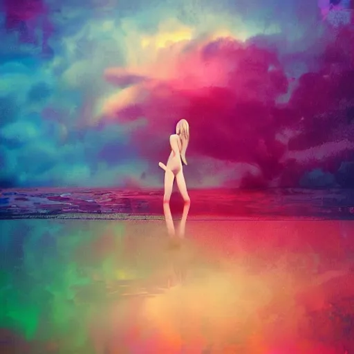 Image similar to surreal Emma Stone swimming in chromatic distortions in misty mysterious place, beautiful, psychedelic, lsd, trending on artstation, omnious, soft, artwork by Tran, Ross