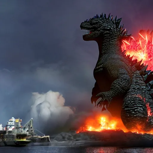 Image similar to godzilla attacking fukushima daiichi unit 4, evening, dramatic lighting, search spotlight, 4 k