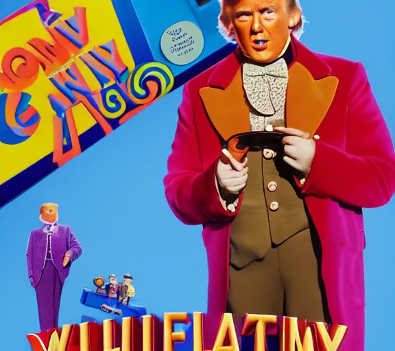 Image similar to willy wonka and the chocolate factory 1971 movie poster staring donald trump , XF IQ4, 150MP, 50mm, F1.4, ISO 200, 1/160s, natural light