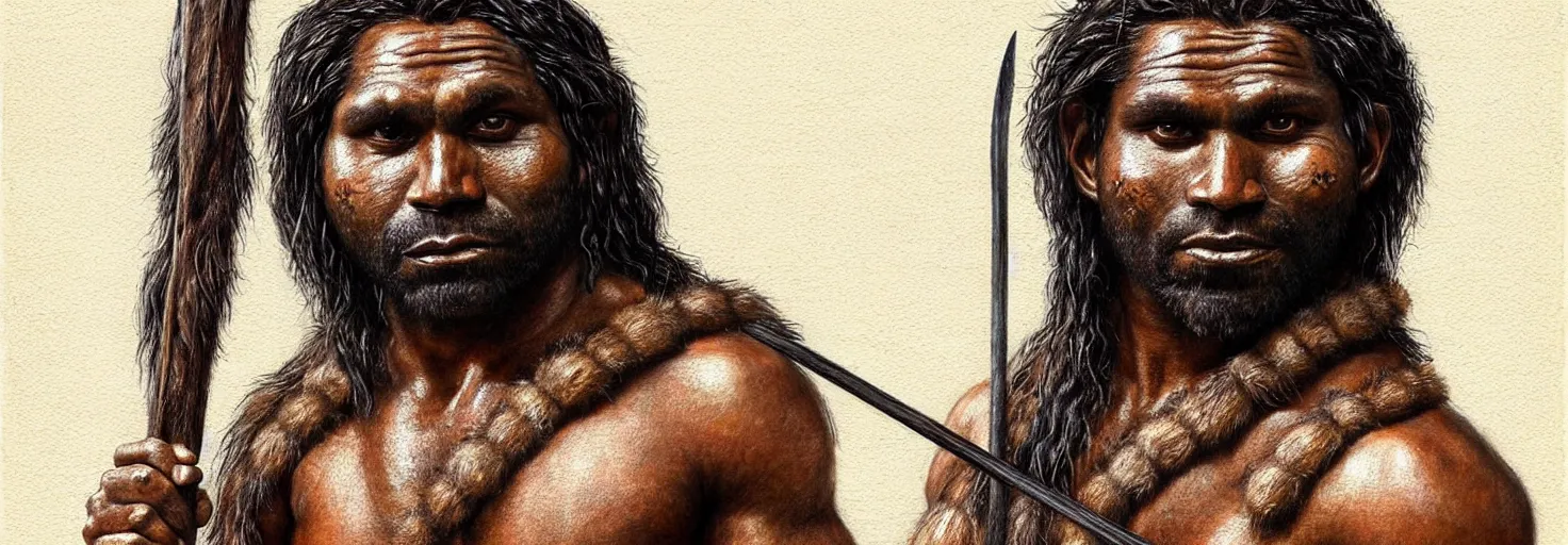 Image similar to renaissance upper body portrait of a gruff ranger with a spear, Australian Aborigine Aboriginal Indigenous Australian Koori Murri Nyoongah, lean and toned, handsome face, hairy chest, D&D, intricate, elegant, highly detailed, digital painting, artstation, concept art, matte, sharp focus, illustration, art by da Vinci, Artgerm and Greg Rutkowski and Alphonse Mucha