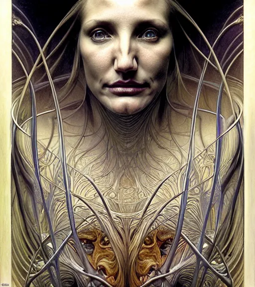 Prompt: detailed realistic cameron diaz face portrait by jean delville, gustave dore and marco mazzoni, art nouveau, symbolist, visionary, gothic, pre - raphaelite. horizontal symmetry by zdzisław beksinski, iris van herpen, raymond swanland and alphonse mucha. highly detailed, hyper - real, beautiful, fractal baroque