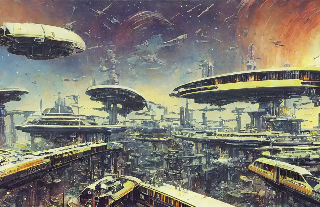 Prompt: a retro futurism elevated railway on colonized planet by robert mccall and john berkey | ralph mcquarrie :. 5