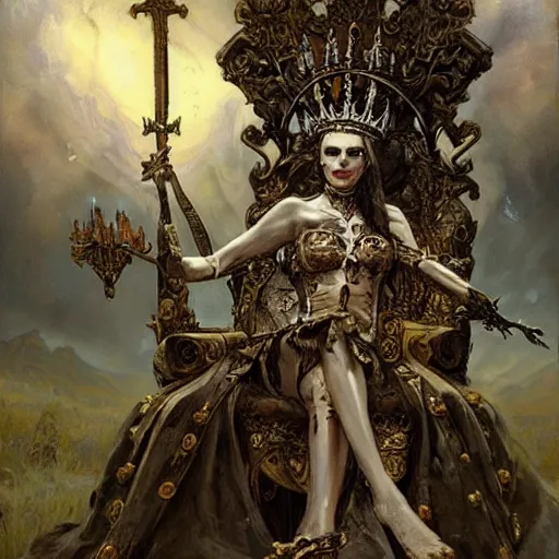 Image similar to beautiful painting of the queen of bones by a cemetary, sitting on a throne, detailed face, with a crown of skulls, skull earings, painting by gaston bussiere, craig mullins