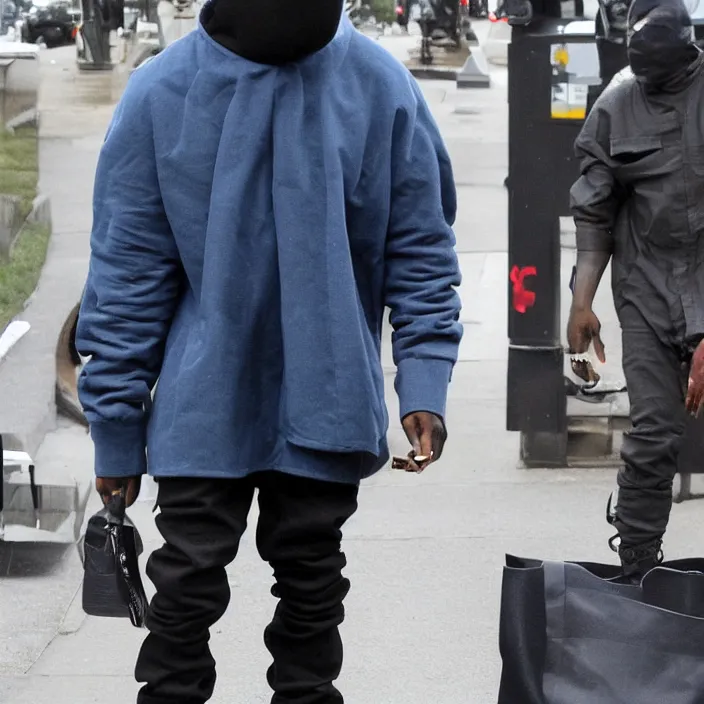 Prompt: paparazzi photo of kanye west using a black face - covering mask made of cloth with small holes, a blue puff undersized round jacket, a black shirt underneath and black rubber boots, paparazzi, detailed,