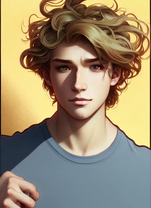 Image similar to young man with medium - length, curly, golden hair, aquamarine eyes, natural lighting, path traced, highly detailed, high quality, cartoon, digital painting, by new haicheng and ross tran and studio ghibli and alphonse mucha