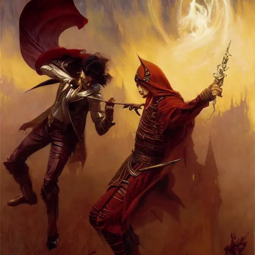 Prompt: stunning male master wizard fighting vampire, highly detailed painting by gaston bussiere, craig mullins, j. c. leyendecker, 8 k