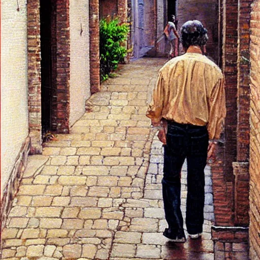 Image similar to a beautiful painting of a man strolling down an alley by Steve Hanks