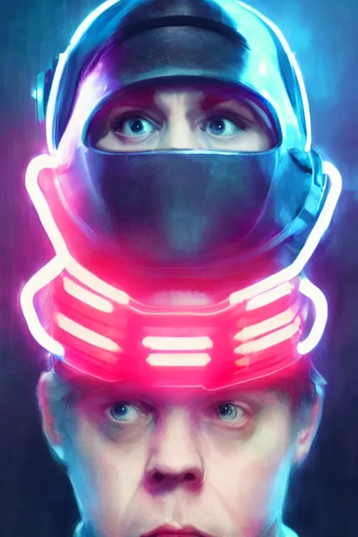 Image similar to Rupert Grint as Ron Wisly with visor in cyberpunk, neon lighting, night city, digital art from artstation by Ruan Jia and Mandy Jurgens and Artgerm and william-adolphe bouguereau and Greg Rutkowski