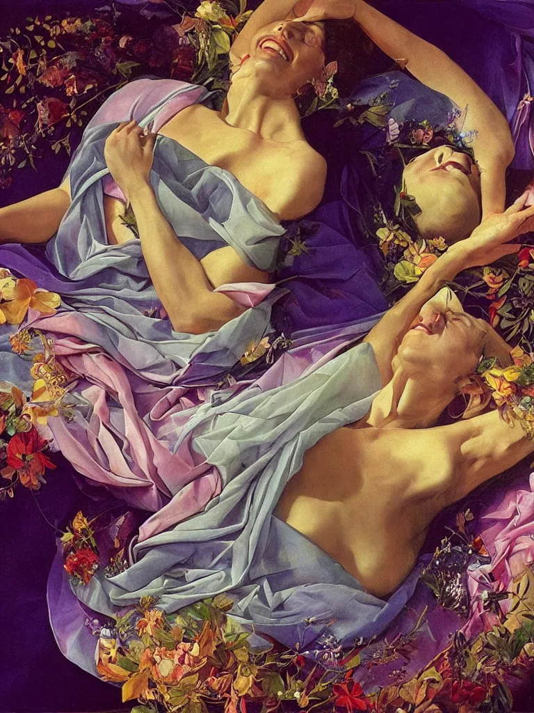 Prompt: hyperrealistic still life painting of an irridescent goddess, dmt entity, healer, powerful calm woman, draped in fabric meditating and gently smiling, refracting gentle morning light, a dream, an echo, crystalline spheres surrounded by prisms in a tesseract, by Caravaggio, botanical print, surrealism, vivid colors, serene, golden ratio,