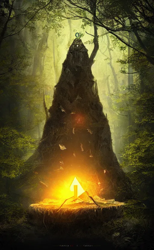 Image similar to dark fantasy photorealistic concept art of bill cipher floating in the middle of a forest with glowing yellow eyes, and pebbles floating in the air, gloomy seen, dynamic lighting, ambient lighting, atmospherical, stunning visuals, creative, cinematic, ultra detailed, trending on art station