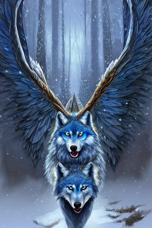 Image similar to blue wolf with wings, facing front, regal, elegant, winter, snow, beautiful, stunning, hd, illustration, epic, d & d, fantasy, intricate, elegant, highly detailed, digital painting, artstation, concept art, smooth, sharp focus, illustration, wallpaper, art by artgerm and greg rutkowski and alphonse mucha and jin xiaodi