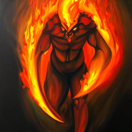 Image similar to fire demon eat human, oil painting