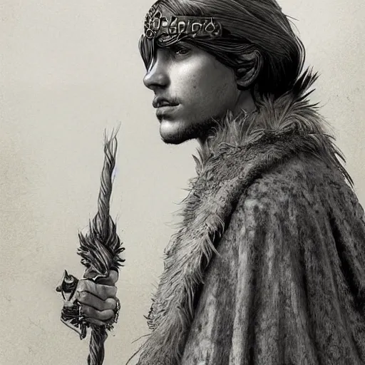 Prompt: Bjørn, a young male shaman wearing a bearskin cloak, portrait, D&D, fantasy, highly detailed, digital painting, artstation, concept art, sharp focus, illustration, art by artgerm and greg rutkowski and alphonse mucha. Color.