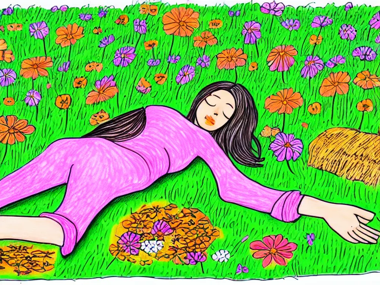 Prompt: drawing of girl laying down in the lawn full of flowers that smells like honey amongst forest with her soul connected to the nature around her. in naive art style