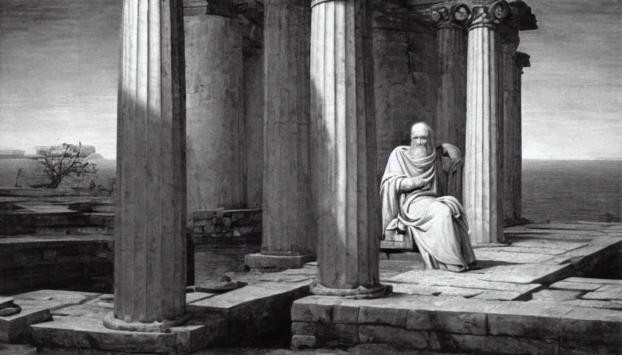 Prompt: 1 9 6 0 s movie still by tarkovsky of an elder socrates in a barque on a aqueduc between two walls with columns, cinestill 8 0 0 t 3 5 mm b & w, high quality, heavy grain, high detail, panoramic, cinematic composition, dramatic light, anamorphic, jacques louis david style, raphael style, piranesi style