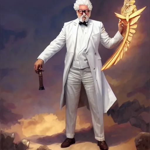 Prompt: a full body portrait of colonel sanders the greek god!!! extremely beautiful, anatomically accurate, by artgerm and by greg rutkowski and by alphonse mucha and by simon bisley, radiant light, detailed and intricate environment,