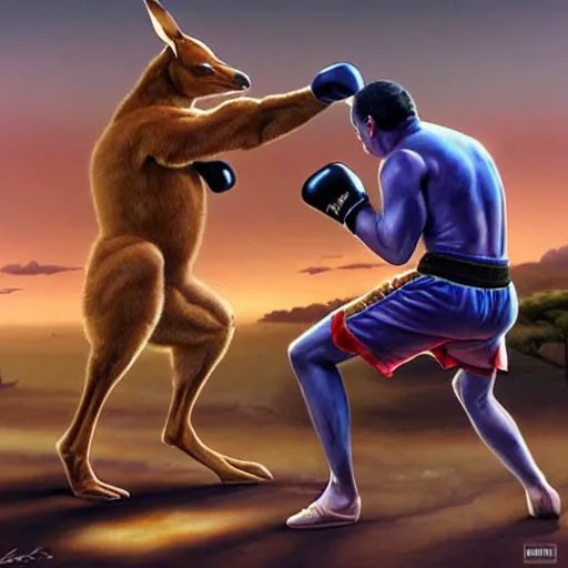 Prompt: man does boxing against a kangaroo, Jim burns, Hildebrandt, artstation, artgerm, kangaroo fight, boxing ring