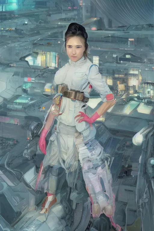 Image similar to portrait futuristic asian airforce girl, looking at the camera, in future airport rooftop , sci-fi, fantasy, intricate, very very beautiful, elegant, human anatomy, neon light, highly detailed, digital painting, artstation, concept art, smooth, sharp focus, illustration, art by tian zi and WLOP and alphonse mucha