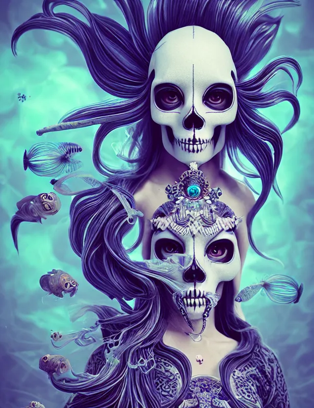 Image similar to 3 d goddess skull half - turn portrait with long hair with ram skull. beautiful intricately detailed japanese crow kitsune mask and clasical japanese kimono. betta fish, jellyfish phoenix, bio luminescent, plasma, ice, water, wind, creature, artwork by tooth wu and wlop and beeple and greg rutkowski