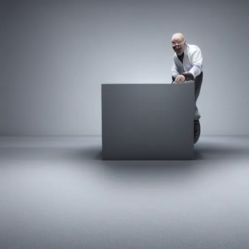 Image similar to walter white pushing a large grey cube in a large empty white room