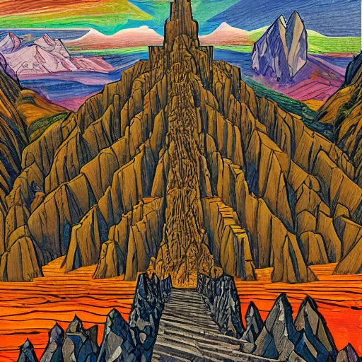 Prompt: At the top of a carved stairway of ten thousand rough hewn steps looms the ominous double mountain known only as the Iron Crag, home to the dieselpunk Dwarven megacity of Marhtlaz, by Matt Heuston and by Mike Ploog, magical fauvism, vfx