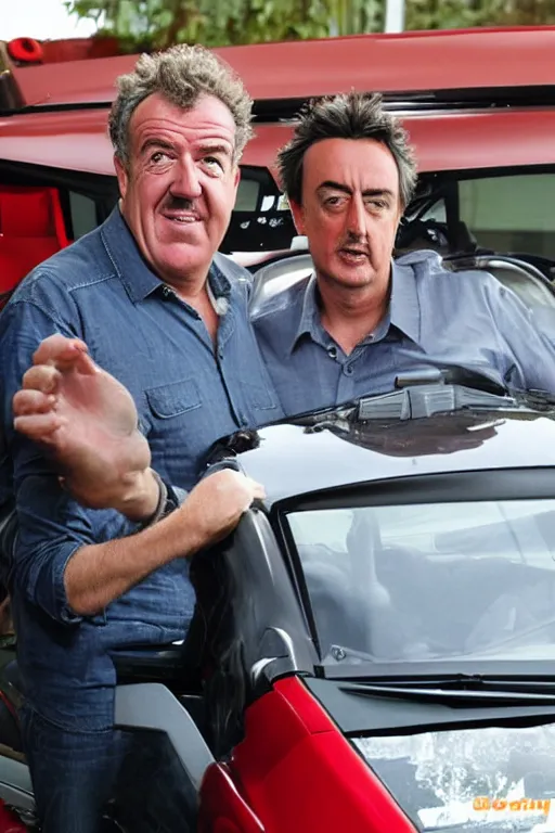 Image similar to jeremy clarkson driving a red toyota prius racing richard hammond