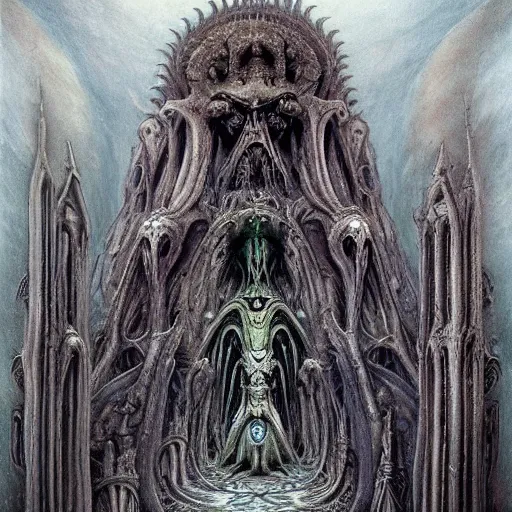 Prompt: monstrous and twisted cathedral with an altar that has a statue to many eyed veiny and four armed cthulhu, tentacles twisting in lotus position. in the style of hr giger and zdzisław beksinski and frank frazetta. blue glow, gloomy and misty. biomechanical oil painting horror