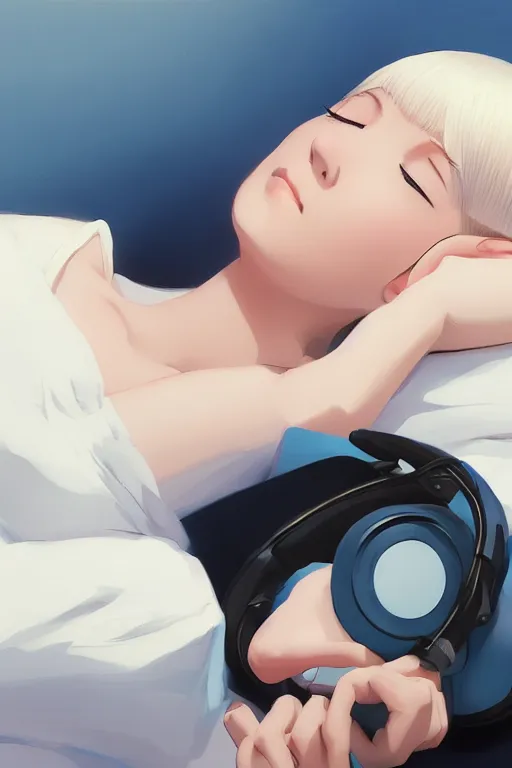 Image similar to a cute young woman lying on a bed while listening to music with her eyes closed and wearing headphones by Ilya Kuvshinov and Range Murata, white bob cut hair, blue filter, blue and white, soft lighting, atmospheric, cinematic, moody, digital painting, 8k