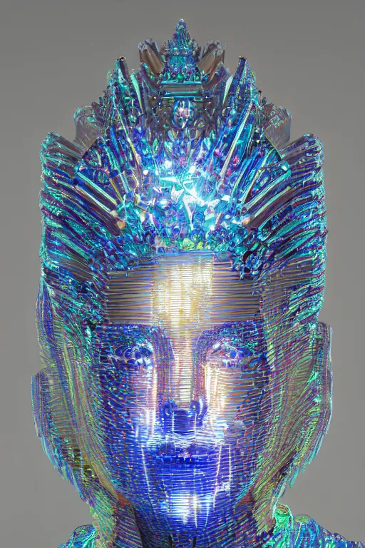 Image similar to hyper detailed ultra sharp portrait of baroque and bladerunner delicate neon diamond sculpture of seductive albino pharaoh nick jonas, diamond sphinx blue iridescent humanoid deity wearing metallic hoody made out of hands holding the sun prismatic dungeon, glowing blue face, crown of white diamonds, cinematic lighting, photorealistic, octane render 8 k depth of field 3 d