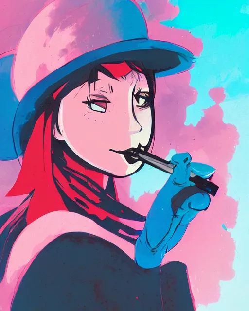 Image similar to girl with beret smoking a cigarette, colored manga panel, drawn by Anton Fadeev