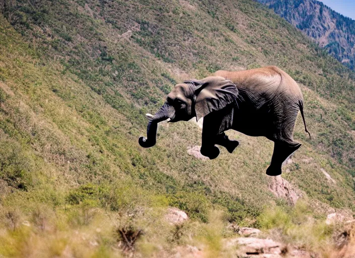 Image similar to dslr photo still of an elephant leaping off a mountain flying through the air, 4 k, 1 2 0 mm f 1 6