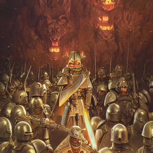 Image similar to anthropomorphic shiba inu is, army of knights wearing armor, anthropomorphic shiba inu medieval banquet, stuning fantasy 3 d render, masterpiece, glowing aura, by donato giancola and greg rutkowski and wayne barlow and zdzisław beksinski, realistic face