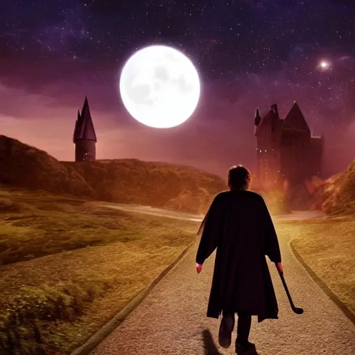 Image similar to Harry potter riding a broomstick, back view, cinematic shot, movie still, nighttime, motion lines, intense scene, movement, vivid colors, crescent moon, Tooth Wu, Asher Duran, Greg Rutkowski, Minor Blur, 8k