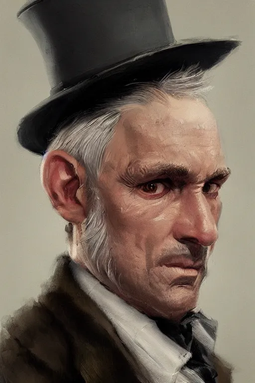 Image similar to a grey hair old halfling with stubble no beard top hat and suit by Greg Rutkowski, painting, portrait, HD, high details, trending on artstation