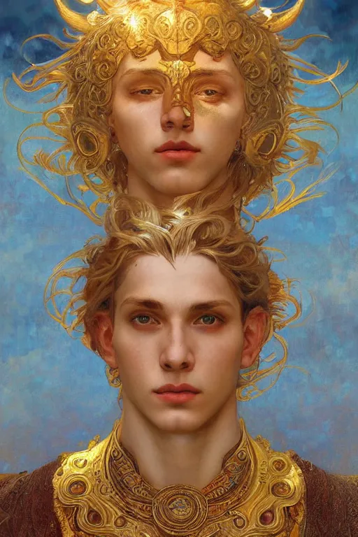 Image similar to young male god of sun, gold hair, gold eyes, tanned skin, fantasy, intricate, highly detailed, digital painting, artstation, concept art, smooth, sharp focus, art by art by Artem Demura and Alphonse Mucha, ArtGerm, valentina remenar, ruan jia