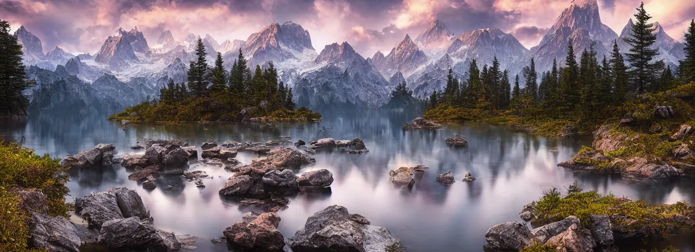 Prompt: photograph of mountains with a lake in front of them, trees on the side, rocks in foreground by marc adamus, highly detailed, intricate detail, cinematic lighting