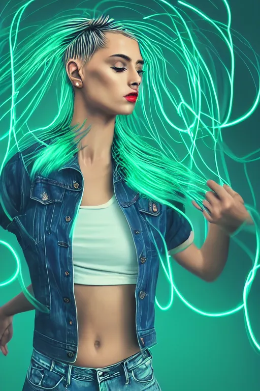 Image similar to a award winning half body portrait of a beautiful woman with stunning eyes in a croptop denim jacket and cargo pants with ombre green teal hairstyle head in motion and hair flying while dancing by thomas danthony, surrounded by whirling illuminated lines, outrun, vaporware, shaded flat illustration, digital art, trending on artstation, highly detailed, fine detail, intricate