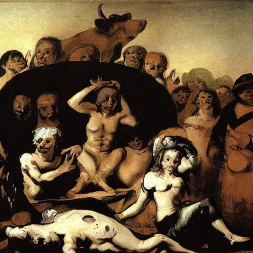 Image similar to A crowd of peasants and a pale woman sitting around a monster with horns, Francisco Goya style, full hd, dark