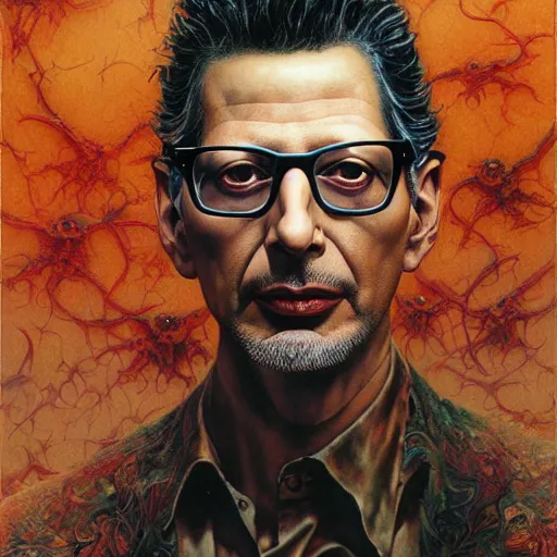 Prompt: realistic detailed image of Jeff Goldblum by Ayami Kojima, Amano, Karol Bak, Greg Hildebrandt, and Mark Brooks, Neo-Gothic, gothic, rich deep colors. Beksinski painting, part by Adrian Ghenie and Gerhard Richter. art by Takato Yamamoto. masterpiece