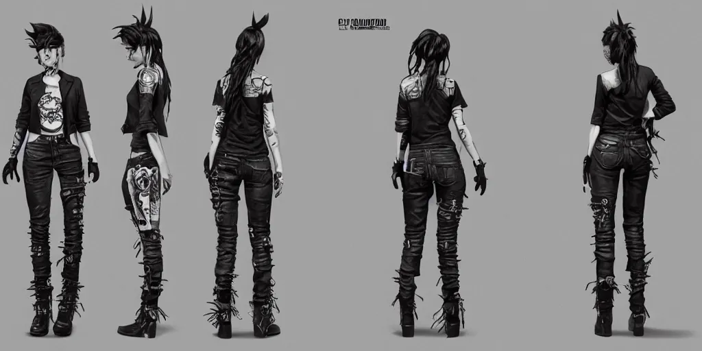 Image similar to gina is a punk rocker, character sheet, concept design, contrast, hot toys, kim jung gi, greg rutkowski, zabrocki, karlkka, jayison devadas, trending on artstation, 8 k, ultra wide angle, pincushion lens effect