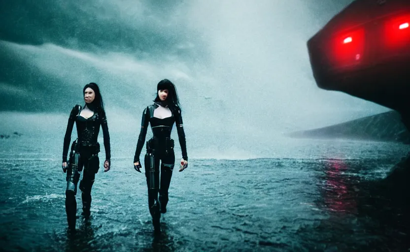 Image similar to cinestill 5 0 d candid action photographic portrait by quentin tarantino of two loving female androids wearing rugged black mesh techwear in treacherous waters, extreme closeup, modern cyberpunk retrofuturism moody emotional cinematic, pouring iridescent rain, 8 k, hd, high resolution, 3 5 mm, f / 3 2, motion blur, ultra realistic faces, ex machina