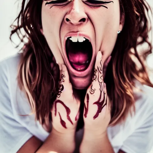 Image similar to woman screaming with stupid looking tattoo, close - up photography