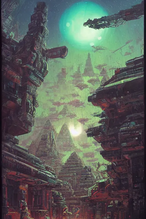 Prompt: cyberpunk angkor wat, pyramids of giza, in the forest, night time, milky way, cyberpunk ships, robots, robots in foreground, extreme angle by paul lehr and jesper ejsing