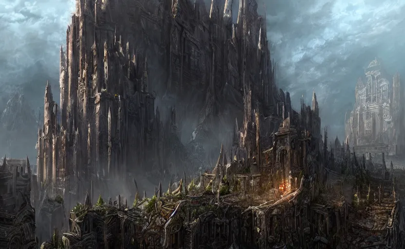 Image similar to hyperdetailed matte painting n evil wretched structure created by mysterious beings, towering over ruins down below. trending on artstation, doom eternal, dark souls, wayne barlow