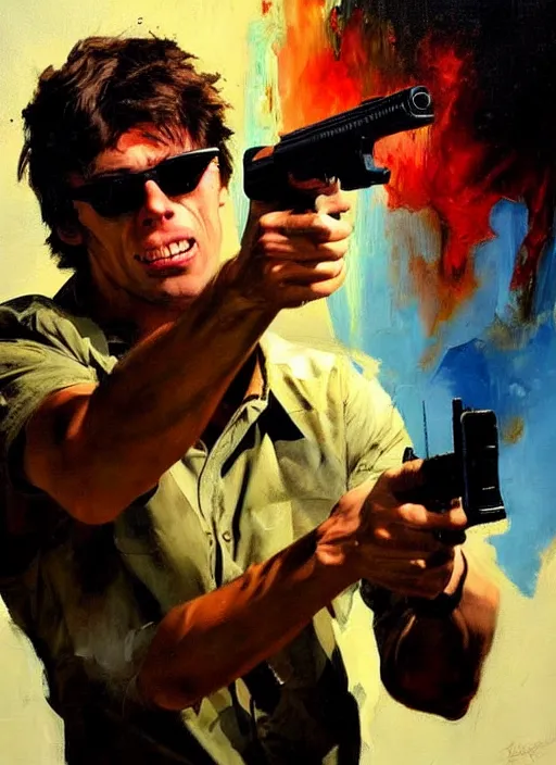 Image similar to tobuscus pointing a gun, shooting, muzzle flash, enraged, painting by phil hale, 'action lines'!!!, graphic style, visible brushstrokes, motion blur, blurry