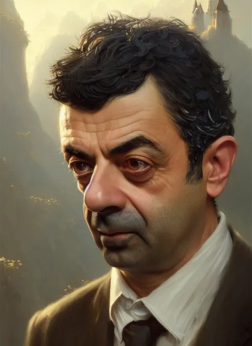 Image similar to highly detailed portrait of rowan sebastian atkinson unreal engine fantasy art by greg rutkowski loish rhads ferdinand knab makoto shinkai