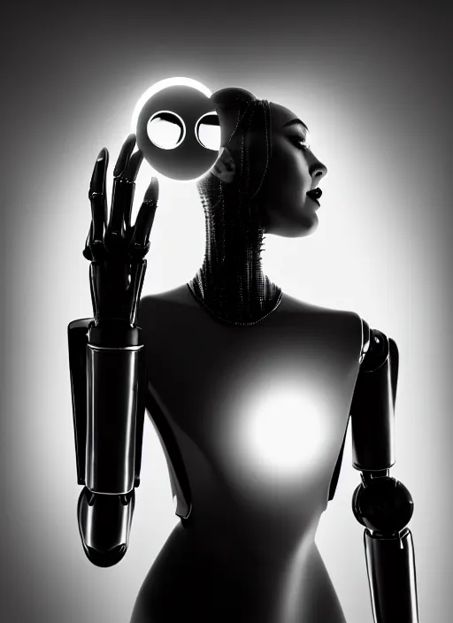 Image similar to surreal mythical dreamy dark artistic black and white fine art fashion portrait photo of a young beautiful delicate female metropolis robot kissing her mirror reflection, spiritual, halo, glory, rim light, cinematic, studio dramatic light, poetic, masterpiece, octane render, 8 k, photo - realistic by dora maar man ray