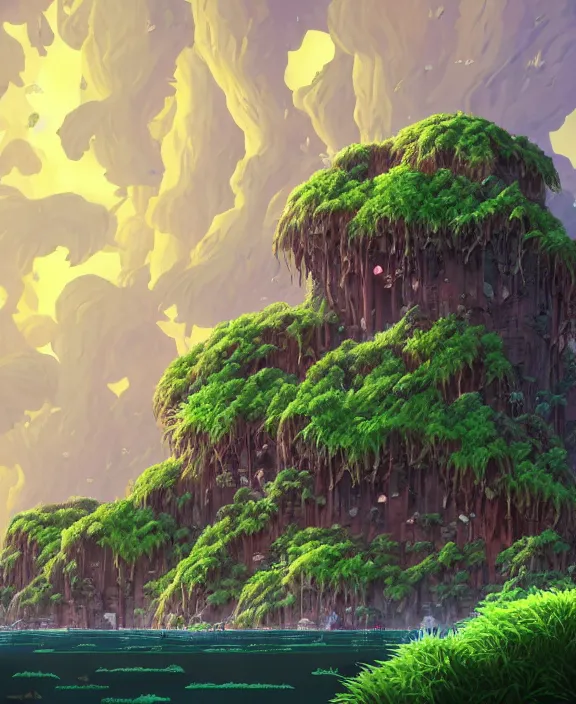 Prompt: an enormous bunker made out of exotic fungus, overgrown with weird fungus and slime, cliff side, noon, sun drenched, partly cloudy, by dan mumford, yusuke murata, makoto shinkai, ross tran, cinematic, unreal engine, cel shaded, featured on artstation, pixiv